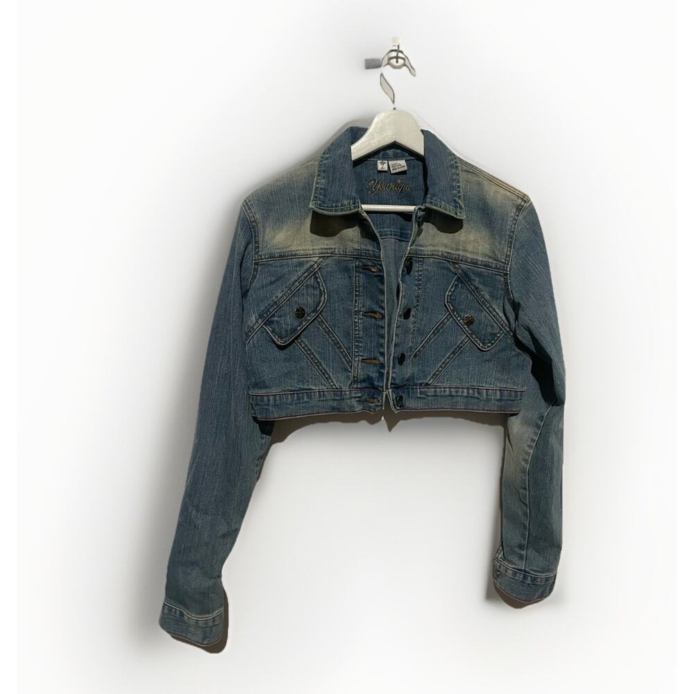 Younique Blue Acid Wash Jean Denim Button-Up Cropped Jacket Large Y2K